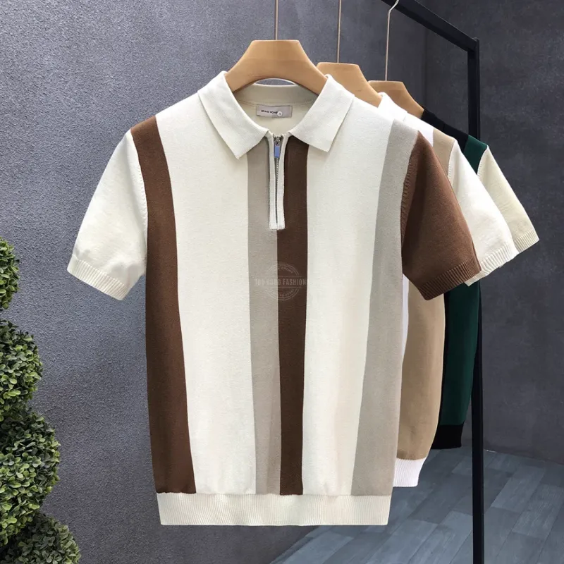 White &amp; Brown Cotton Zipper Polo