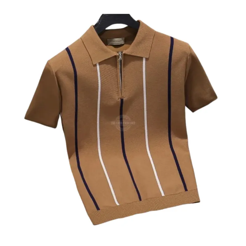 Brown Cotton Zipper Polo