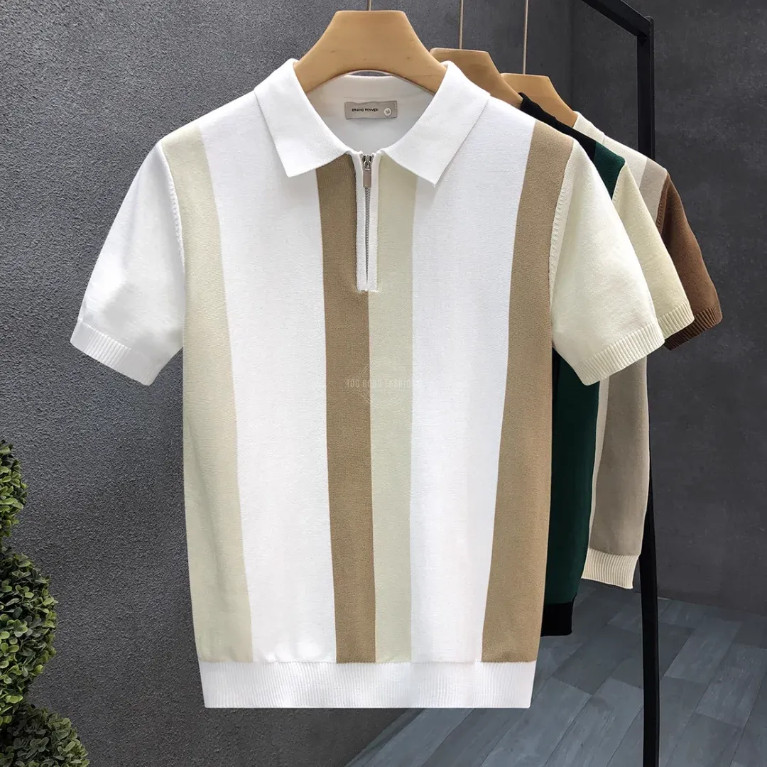 White &amp; Cream Cotton Zipper Polo