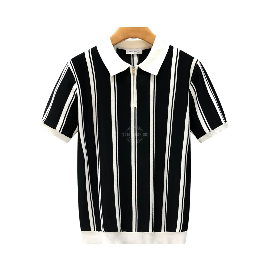 Black Striped Cotton Zipper Polo