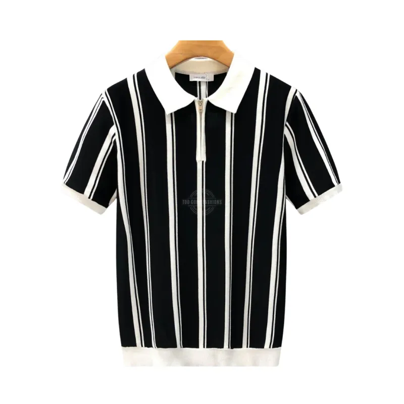Black Striped Cotton Zipper Polo