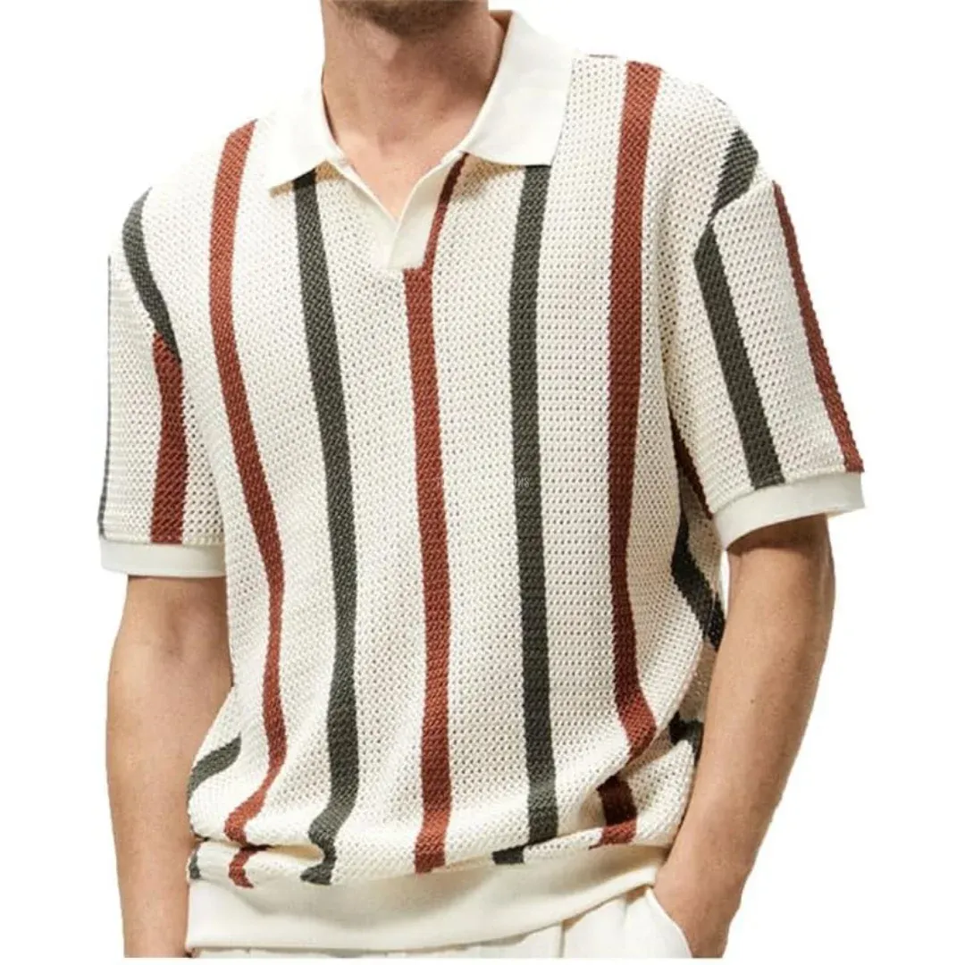 Striped Crochet V-Neck Polo