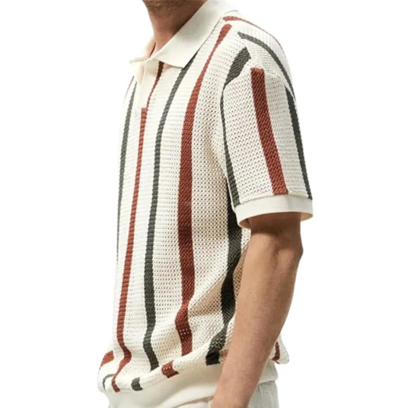 Striped Crochet V-Neck Polo