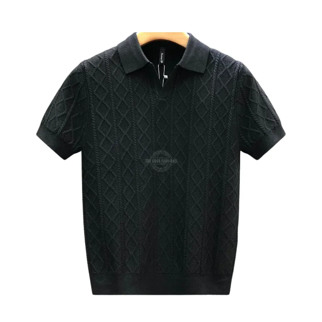 Black Knitted V-Neck Polo