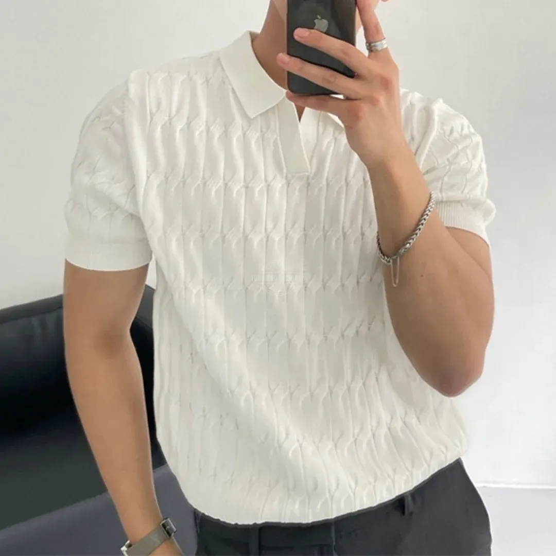 White Knitted V-Neck Polo