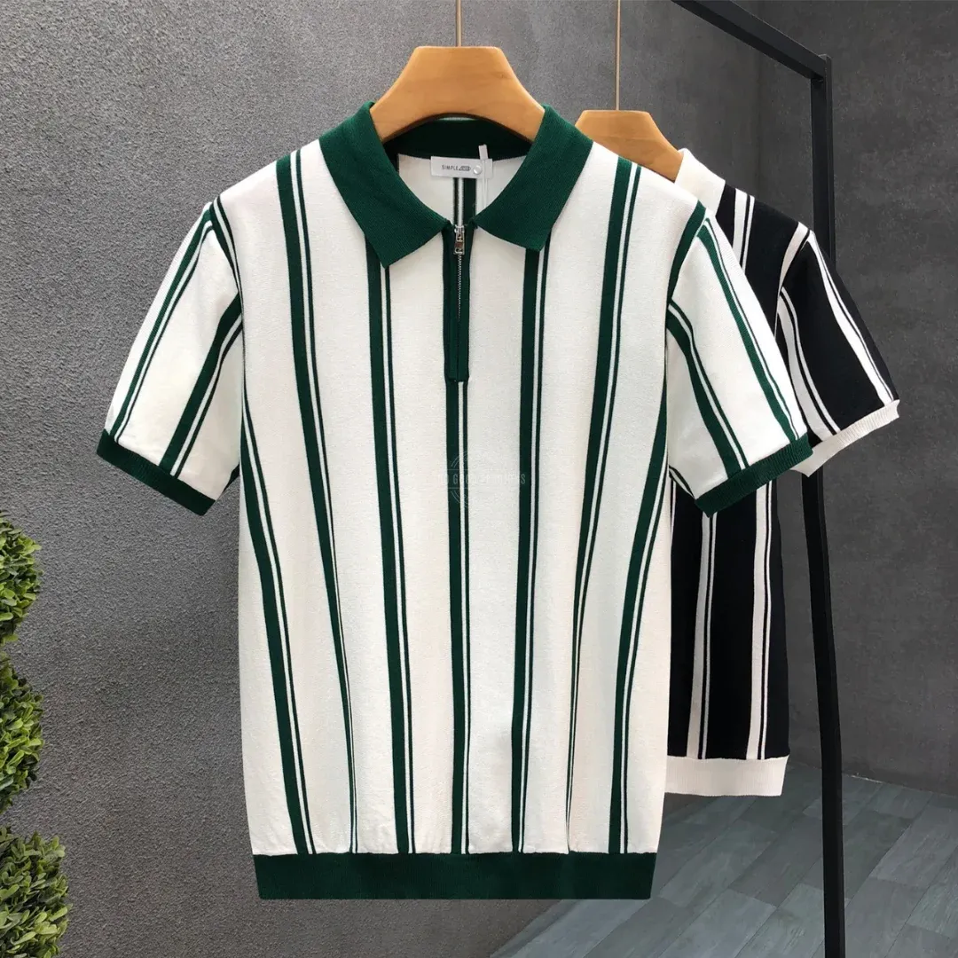 White &amp; Green Striped Cotton Zipper Polo