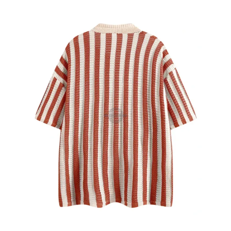Red Striped Crochet Knit Short-Sleeve Shirt