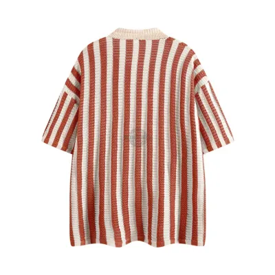 Red Striped Crochet Knit Short-Sleeve Shirt