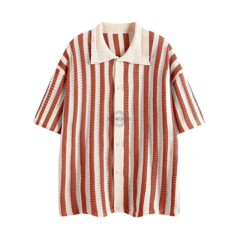 Red Striped Crochet Knit Short-Sleeve Shirt