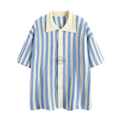 Blue Striped Crochet Knit Short-Sleeve Shirt