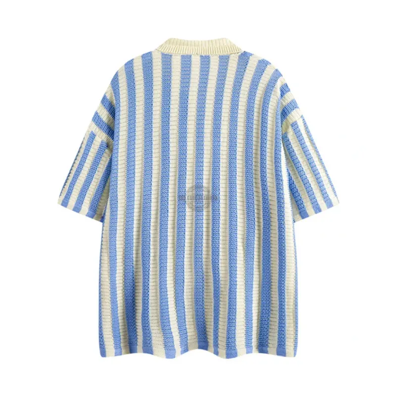 Blue Striped Crochet Knit Short-Sleeve Shirt