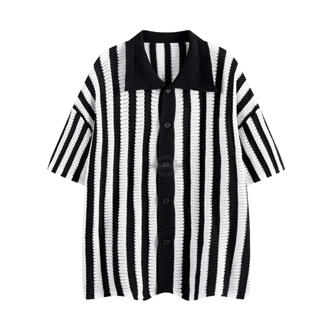 Black &amp; White Striped Crochet Knit Short-Sleeve Shirt