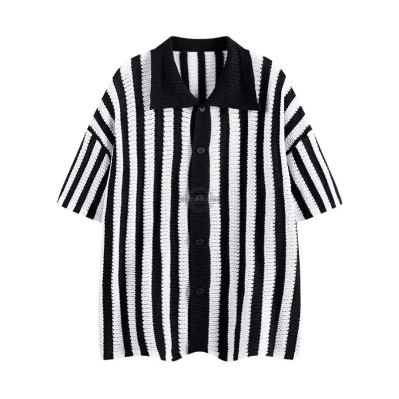 Black &amp; White Striped Crochet Knit Short-Sleeve Shirt