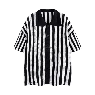 Black &amp; White Striped Crochet Knit Short-Sleeve Shirt