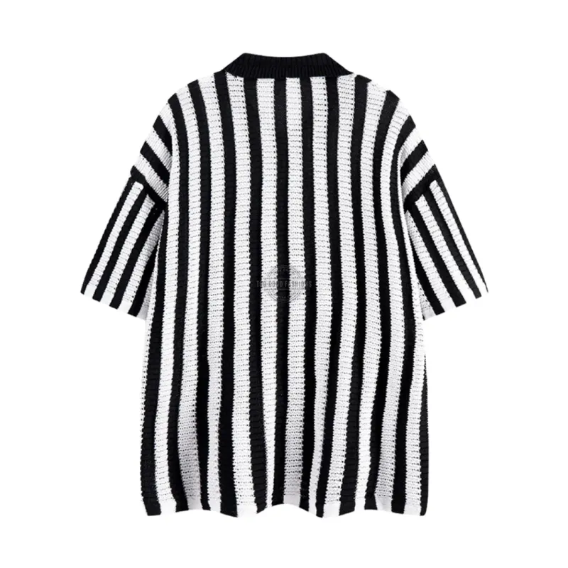 Black &amp; White Striped Crochet Knit Short-Sleeve Shirt
