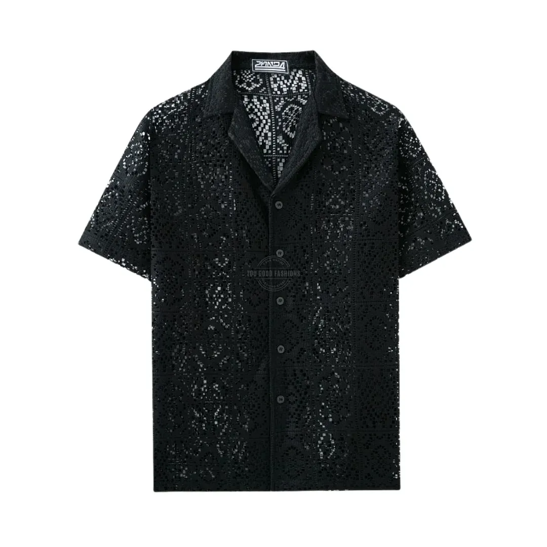 Black Eyelet Short-Sleeve Shirt