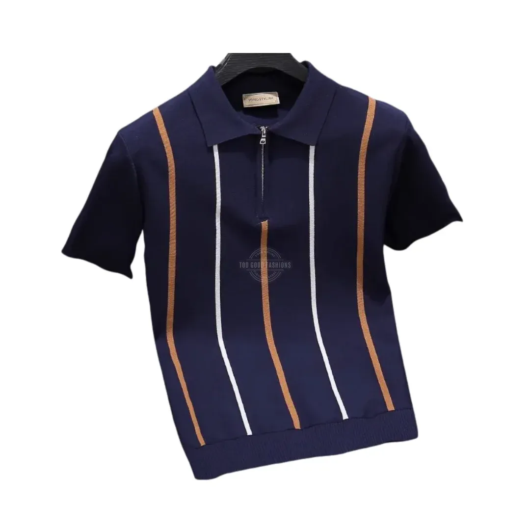 Blue Striped Cotton Quarter-Zip Polo