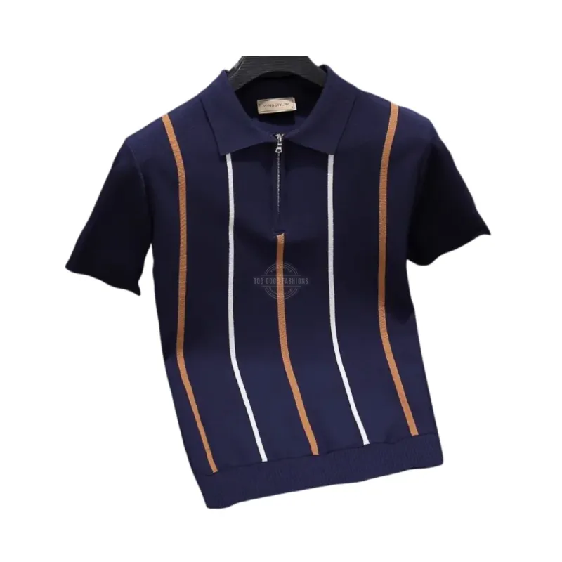 Blue Striped Cotton Quarter-Zip Polo