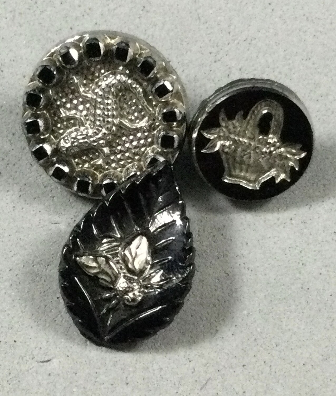 Silver Luster Black Glass Basket, Salamander and Bee on Leaf