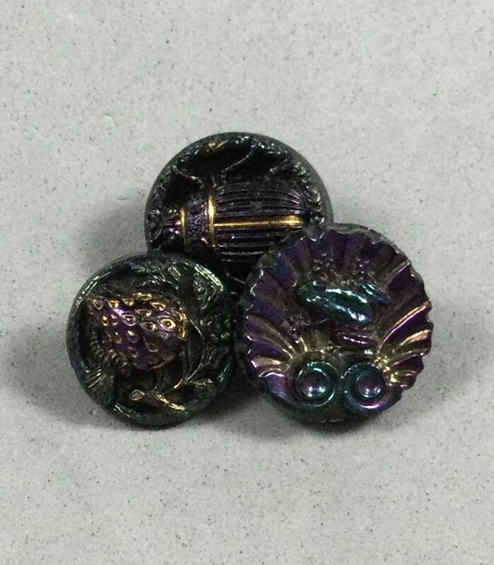 Three Iridescent Black Glass, Beetle, Frog &amp; Strawberry