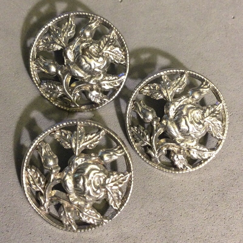 Three Openwork Pewter Rose Buttons, Medium