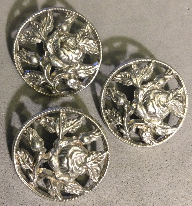 Three Openwork Pewter Rose Buttons, Medium