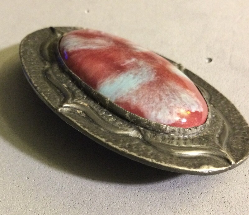 Ruskin Pottery Cabochon Mounted in Handmade Pewter Brooch