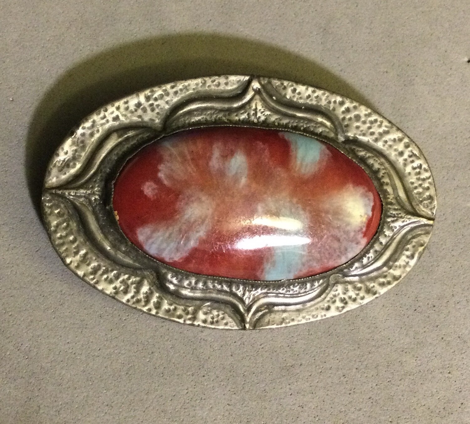 Ruskin Pottery Cabochon Mounted in Handmade Pewter Brooch