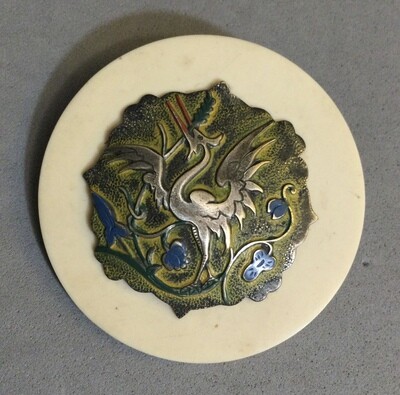 PAINTED SILVER CENTERPIECE ON BONE DISC, ASIAN INFLUENCE, LARGE