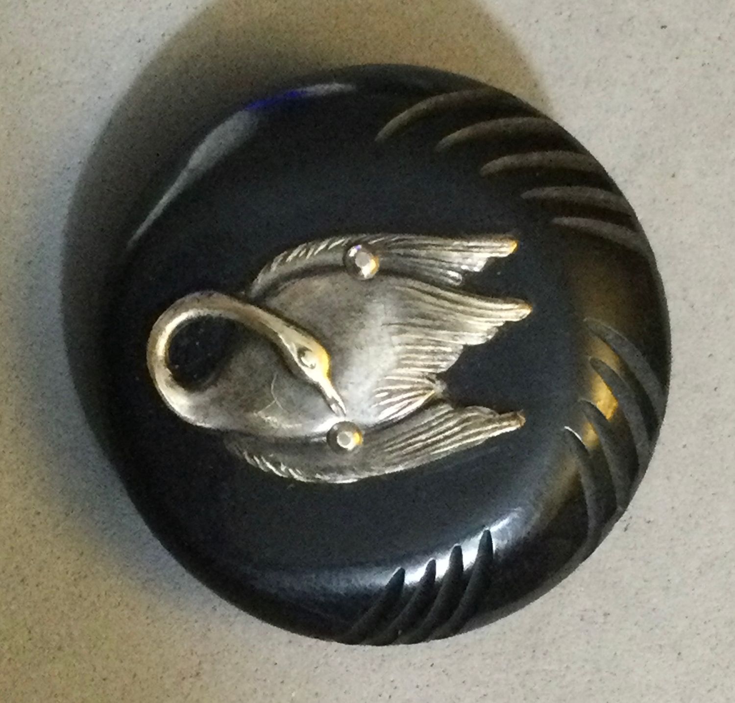 CARVED BAKELITE with SILVER SWAN, LARGE