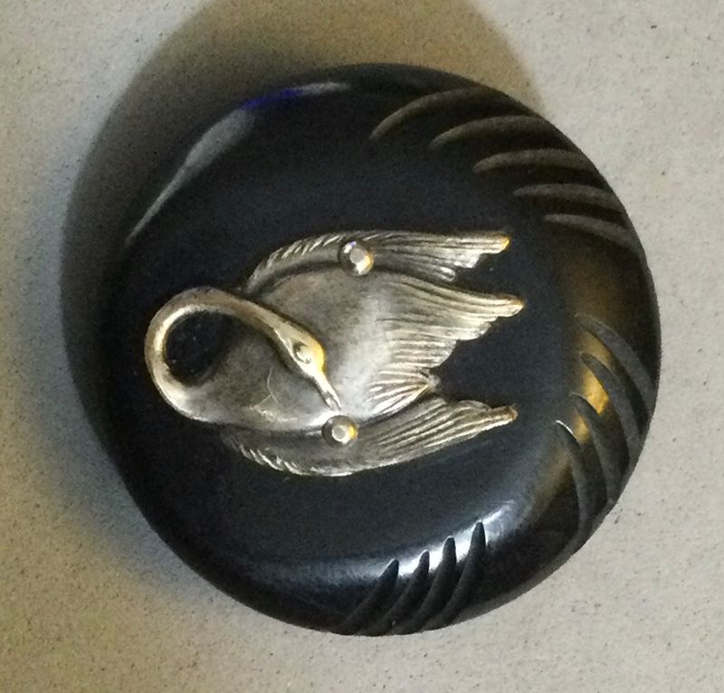 CARVED BAKELITE with SILVER SWAN, LARGE