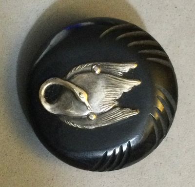 CARVED BAKELITE with SILVER SWAN, LARGE