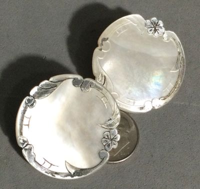 MOTHER of PEARL with SILVER OVERLAY, AS IS, MEDIUM, PAIR