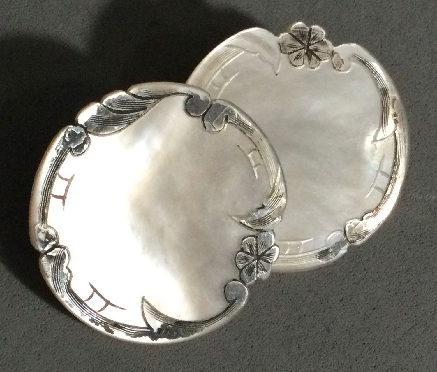 MOTHER of PEARL with SILVER OVERLAY, AS IS, MEDIUM, PAIR