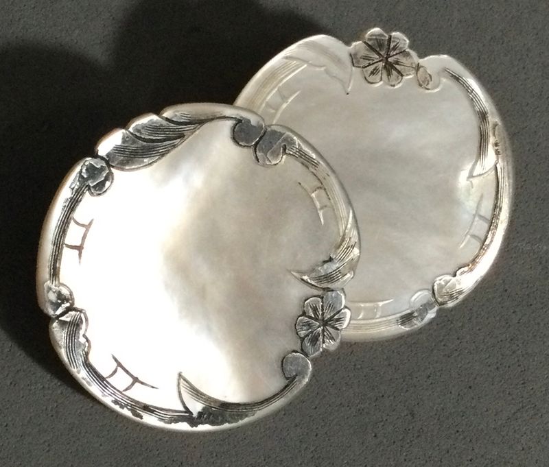 MOTHER of PEARL with SILVER OVERLAY, AS IS, MEDIUM, PAIR