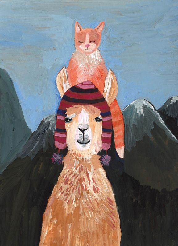 Ansichtkaart Lama en Rode kat