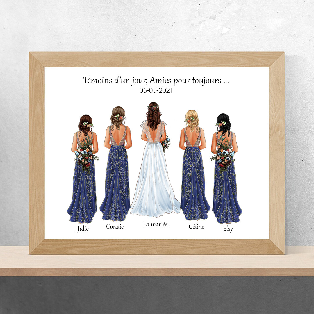 Portrait de la Mariée avec ses Filles d&#39;Honneur | Illustration de Mariage | Cadeau aux Témoins