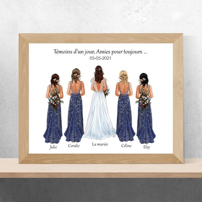 Portrait de la Mariée avec ses Filles d&#39;Honneur | Illustration de Mariage | Cadeau aux Témoins