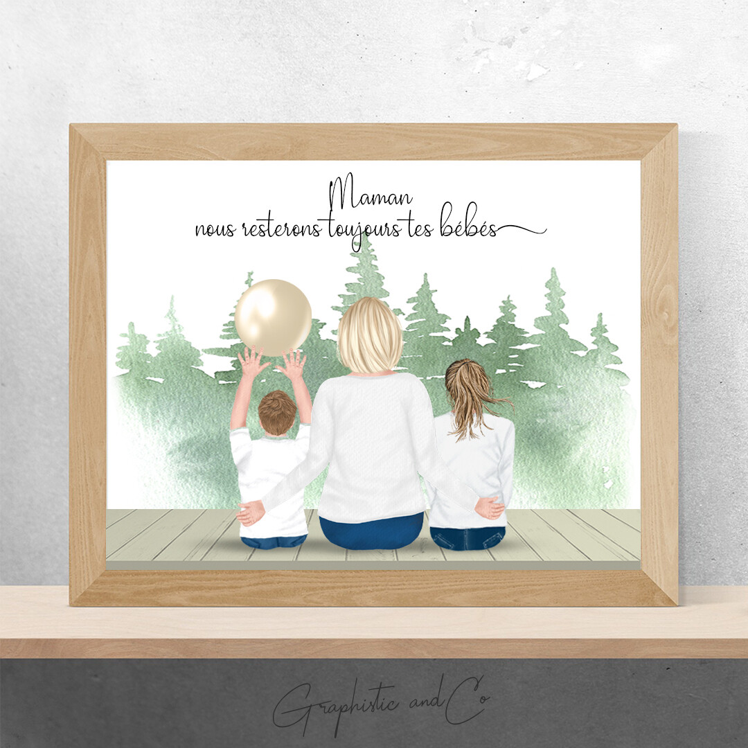 Portrait personnalisé d&#39;une mère et ses enfants | Cadeau de Noel, Fêtes des mères, anniversaire etc ...