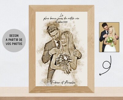 Portrait au crayon réalisé à partir de photos | Cadeau de Mariage, Fête des Mères, Fête des Pères