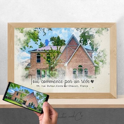 Portrait de ma Maison, lieu de rencontre | Cadeau de Crémaillère, Mariage, Noël