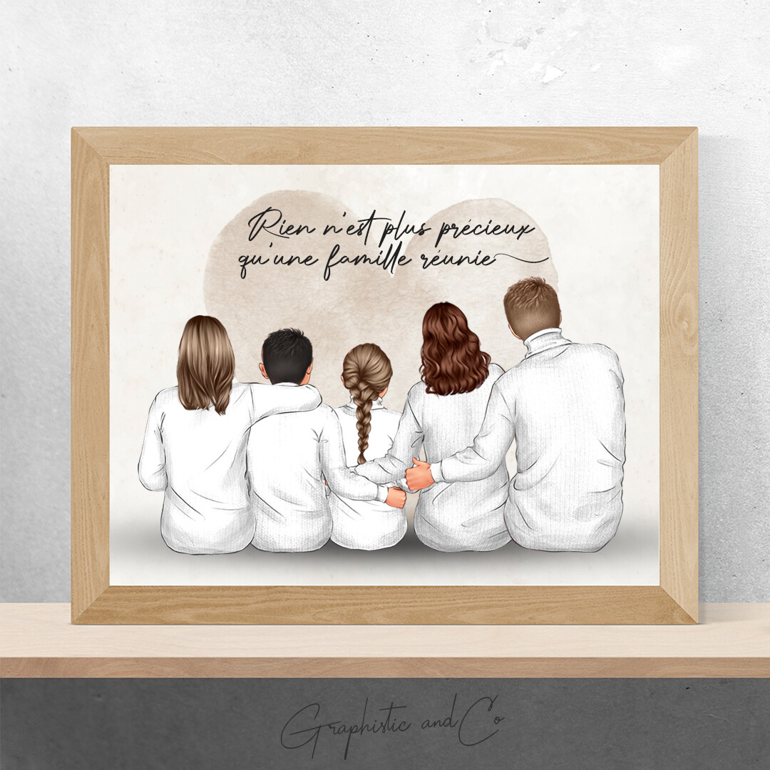 Portrait de Famille Tendresse | Illustration avec animal de compagnie | Cadeau personnalisé