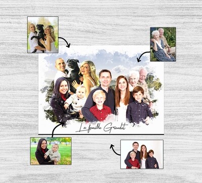 Portrait de Famille recomposée à partir de photos séparées | Cadeau de Fète des mères, Mariage, Anniversaire, Noël etc.