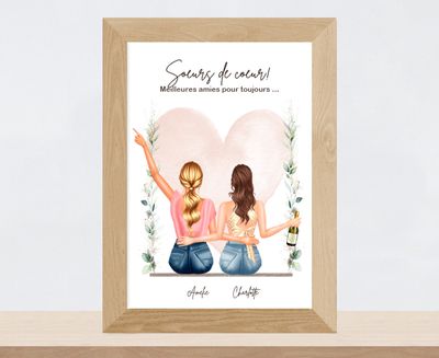 Portrait Amies sur balançoire | Besties avec animaux | Cadeau meilleure amie