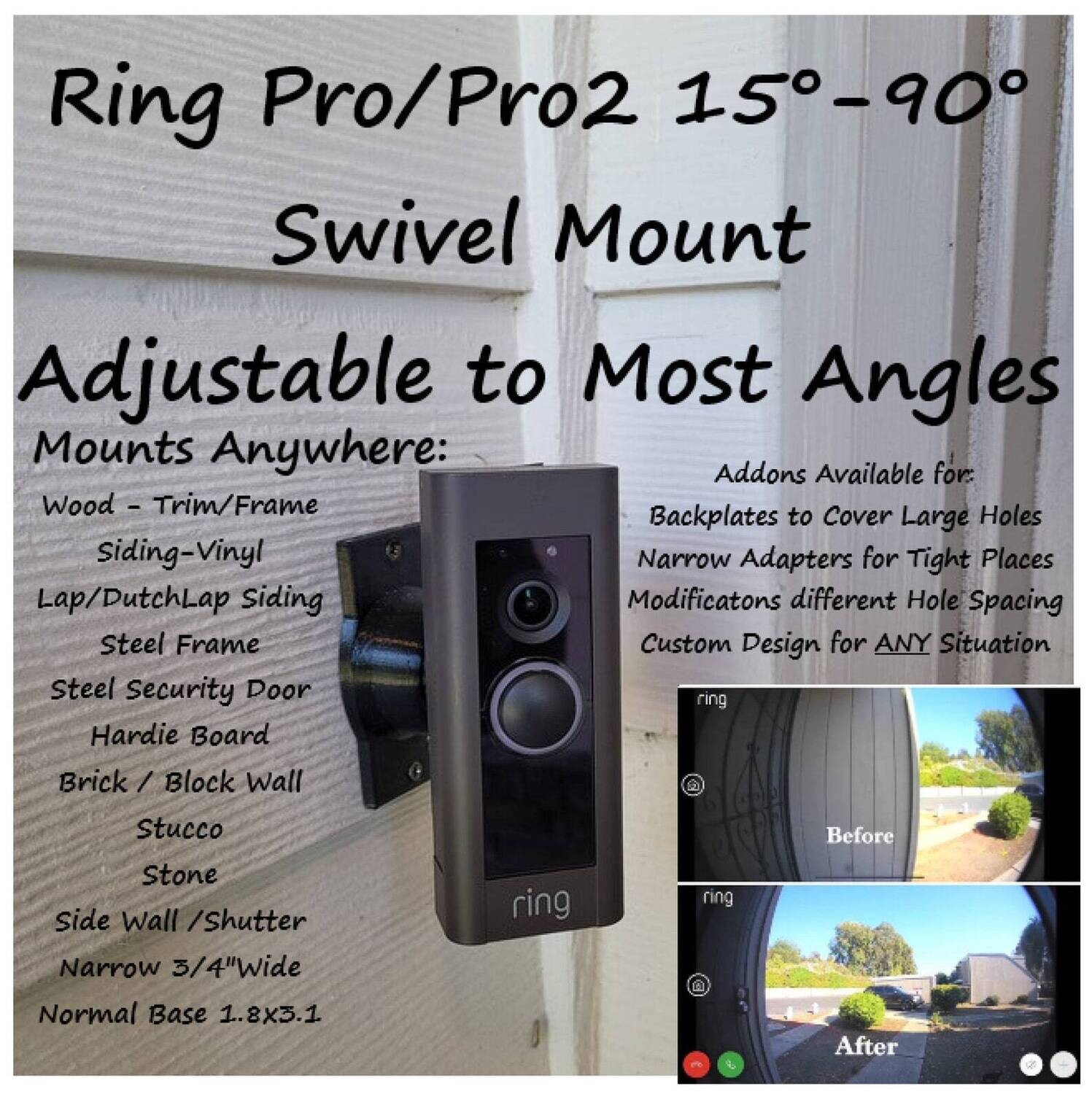 Ring Pro2 Doorbell 90 degree Swivel Adjustable Mount