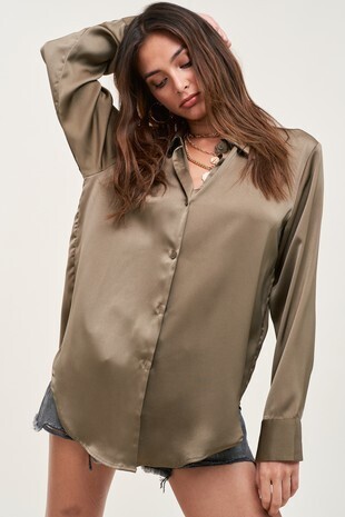 brown silky button down blouse