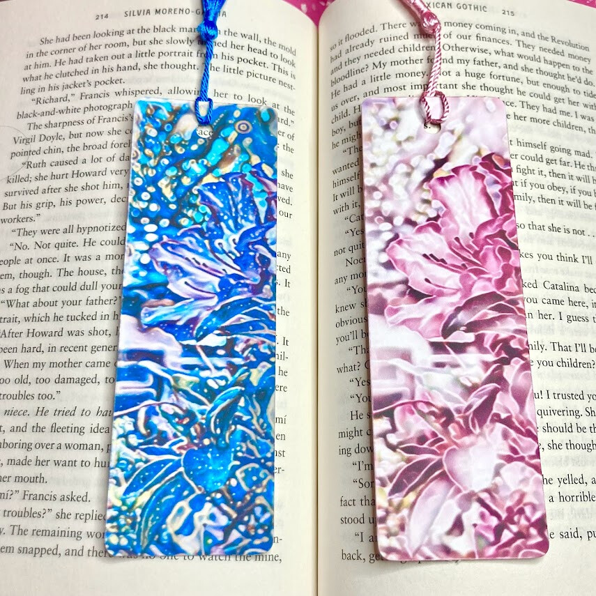 Stylized Blue and Pink Flower Bookmarks