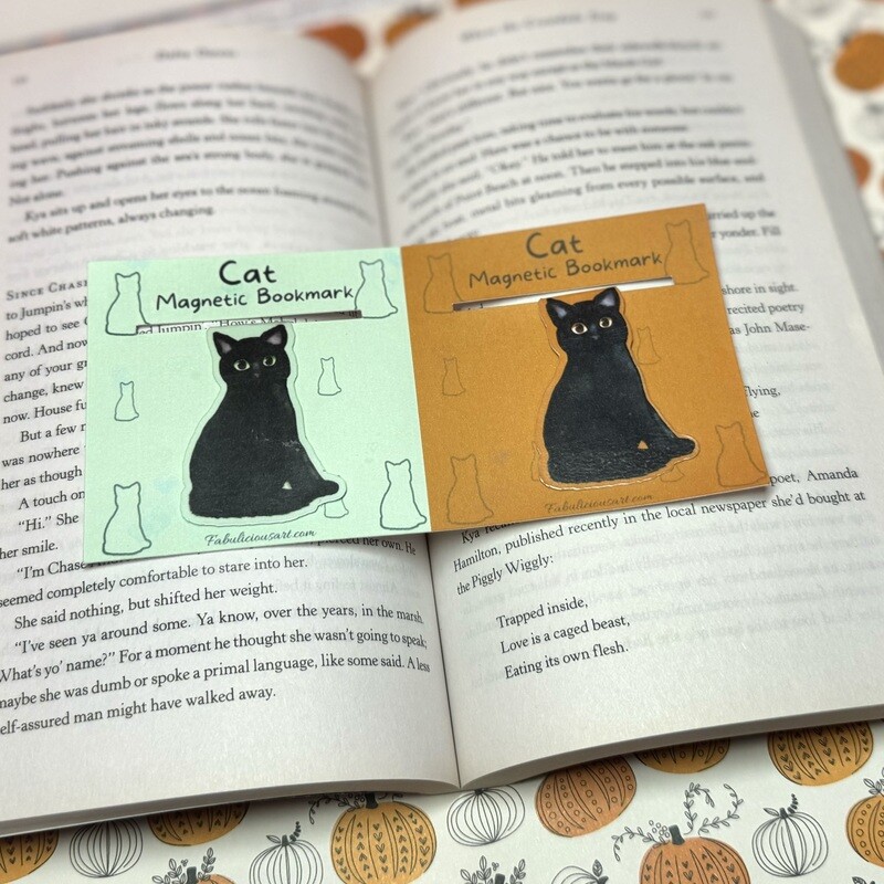 Black Cat Magnetic Bookmark (green/orange)