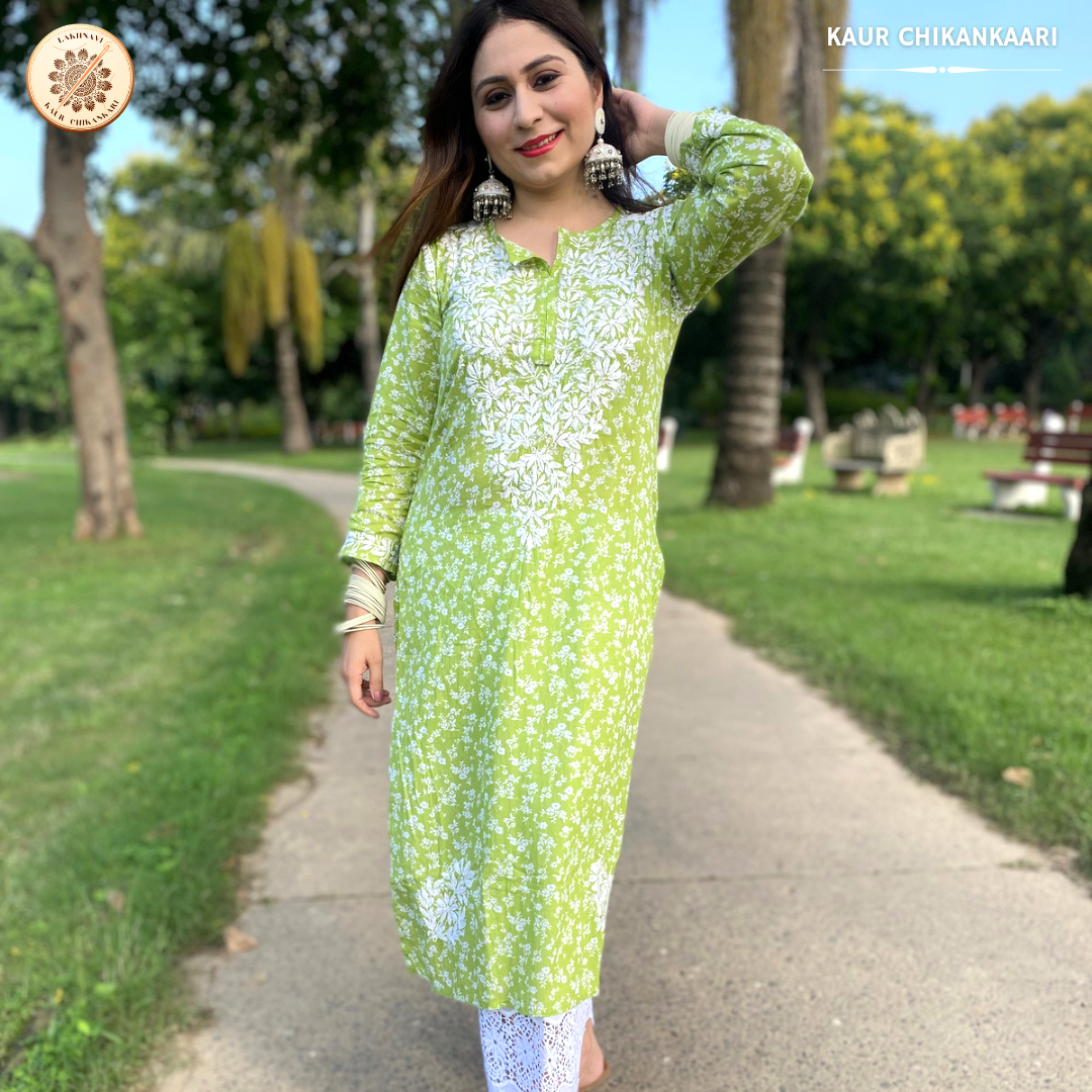Small Floral Print Mul Mul Chikankari Kurta