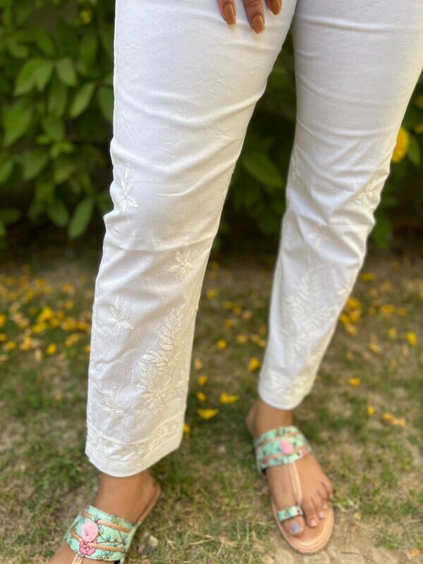 &quot;AMBI&quot; Chikankari Cotton Lycra Stretchable Pants